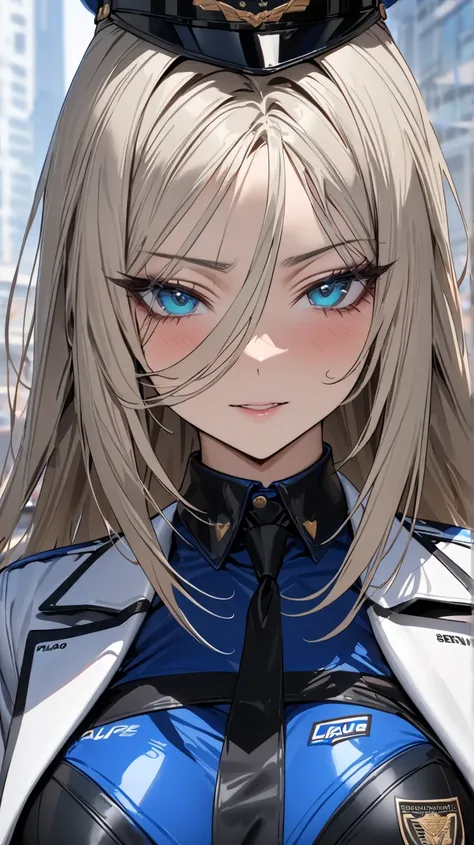 masterpiece , modern, Verism, masterpiece, super detail, best quality, 4K ,((Adult face)), woman,Wearing a white coat,Mature woman アメスク Rubia ojos azules 
Cabello azul, Plano americano, Cabello largo, Senos grandes, Ojos azules,race_queen Sexy  Police are ...