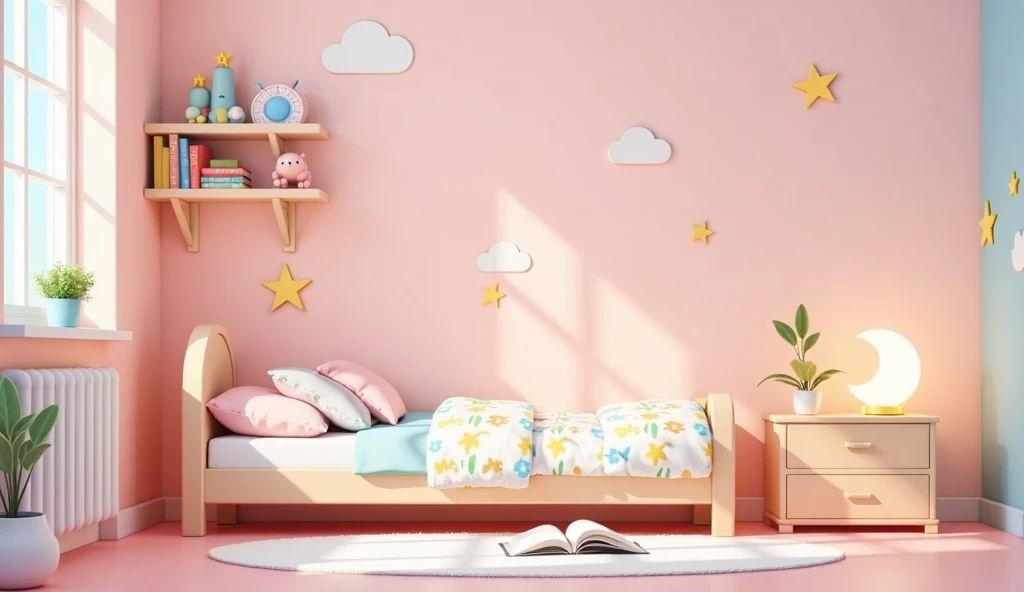 *2d*  A cartoonish and minimalist setting (2d) of a girls room . It has pastel-colored walls  (pink or light blue),  with simple drawings of stars and clouds .  In the center there is a small bed with a colorful quilt printed with flowers or stars , surrou...