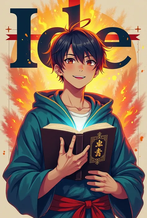 create a print ,  in the jujutsu kaisen ,with the word IDE , That there is a cross , style with a young man holding the bible, with modern letters ,jovial 