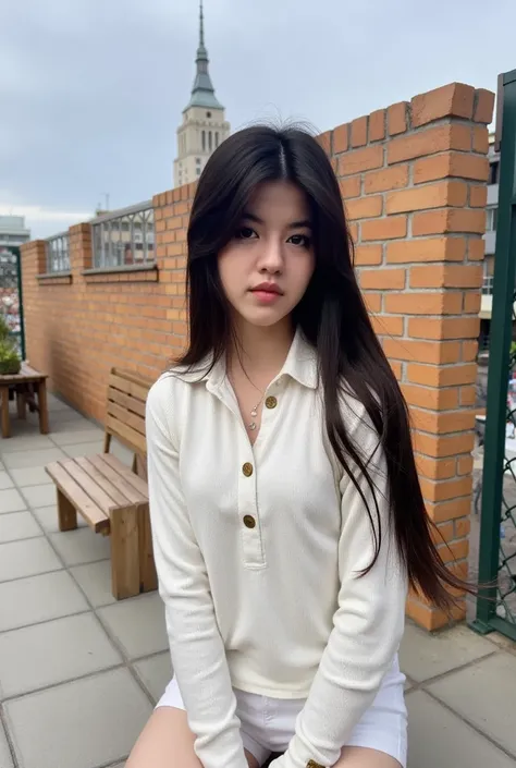 vonzy,1girl, black hair, blurry, blurry background, book, bookshelf, brick, brick floor, brick wall, brown eyes, building, buttons, chain-link fence, chair, city, fence, indoors, library, lips, long hair, long sleeves, looking at viewer, outdoors, pavement...