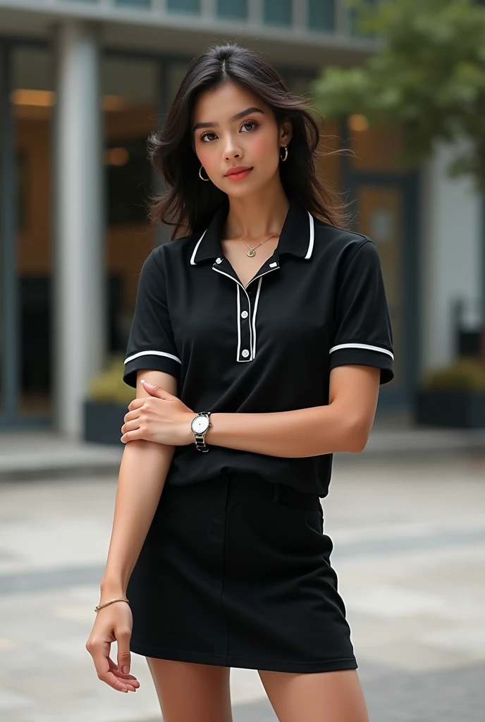 You can create a photo of a girl wearing a short black fitted skirt and a black v-neck polo with white edges without buttons 