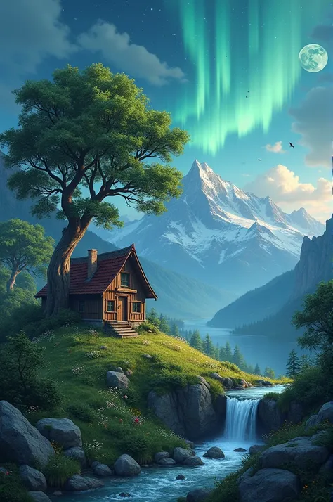 A small house under a tree on the mountain, grass on the side, small flowers and trees in it, a river with a waterfall on the side. Species are flying in and out. At night, the aurora has grown in the sky, the moon will rise on the mountaintop.