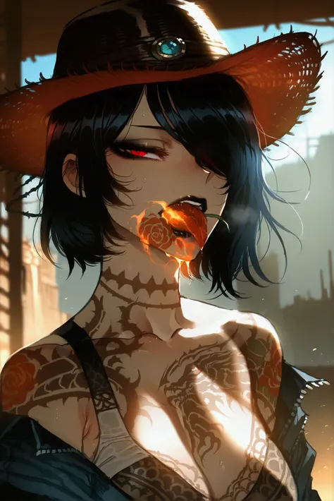  high resolution ,1 girl,  short hair,  hair over one eye ,  black lips, ratatatat74, crop top, tattoo, red eyes, cowboy shot