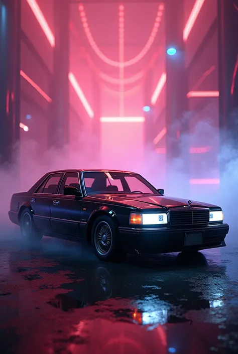 cinematic film still of a 1996 Nissan President, meticulously tuned and customized, standing majestically in a dimly lit, atmospheric setting. The car is surrounded by swirling, psychedelic patterns that dance across its sleek body, reminiscent of a kaleid...