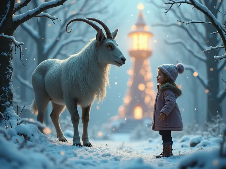 
A young girl :
A faun  (half human, half goat) : IT IS
Scenario  :

 The background shows a snowy landscape with snow-covered trees and a cl . beacon on that
The snow is falling softly 