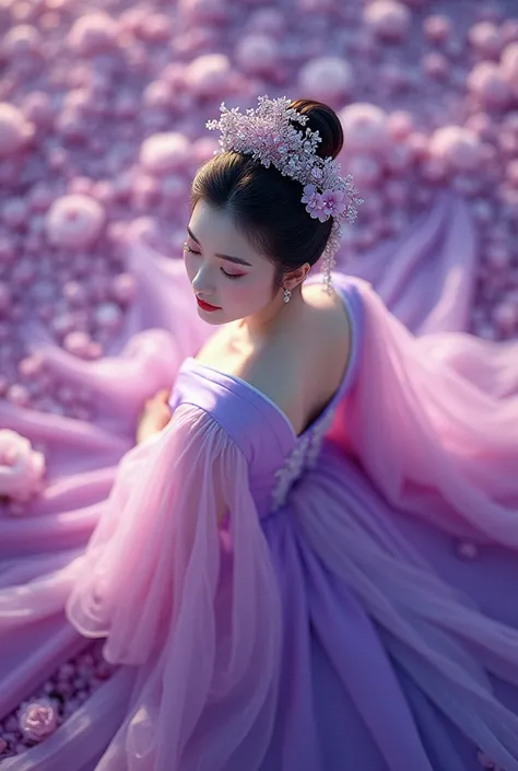 A girl koeran Extreme Wide Shot,aerial perspective,top-down view,grand scale,central subject,woman in hanfu bridal gown,hanfu petals are covered around,intricate crystal floral patterns,ethereal purple Color flower sea backdrop,dreamlike ambiance,vibrant p...