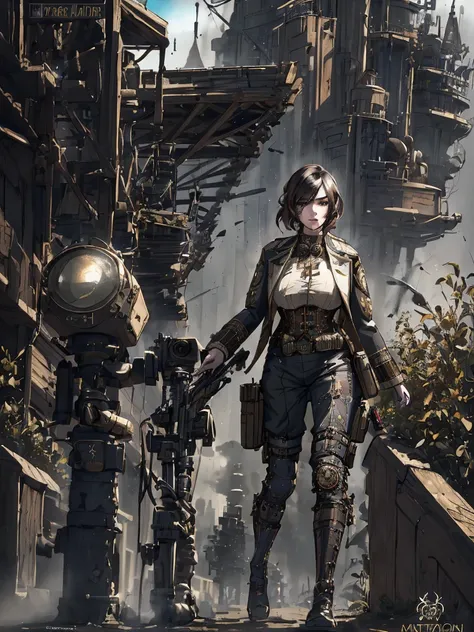 a woman in a steampunk military outfit, detailed digital painting, steampunk version of modern female sniper, steampunk huge sniper rifle, full body shot, detailed face and eyes, cinematic lighting, muted color palette, intricate mechanical details, atmosp...