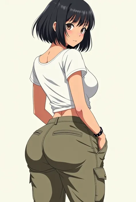  Let her be an anime girl with huge breasts and huge butt, with hair and drawn style , Do you have cargo pants ,  a white top style dos años 2000,  stylish short black hair , that her body is not fat ,  that has big breasts and a huge butt