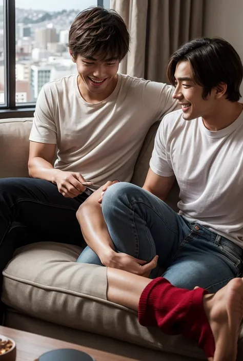 4men, Jonas was lounging on the couch, wearing black jeans and a white t-shirt. His brown hair was messy as usual. Sitting across from him on the couch were his two friends, Si-woo and Yu-jun. Si-woo was wearing baggy khakis and a grey t-shirt, while Yu-ju...