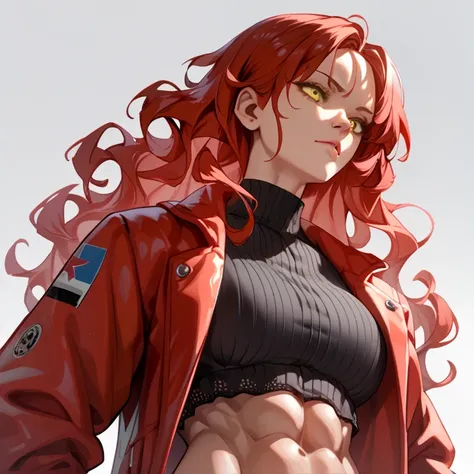 Woman 1, Detail,  long hair,  red hair,  wavy hair , breasts, breasts grandes, muscular, Russian facial features,  Abdominals ,  yellow eyes , perspective, imposing look, safe, black blouse and red jacket,  Simple Background