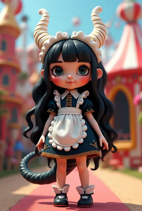 A cloth doll literally, with long black wavy hair , Cartoon Face , with a maid costume,  with a long tail and white dragon horns, with the same art as the amazing digital circus,  as a 3D video game.