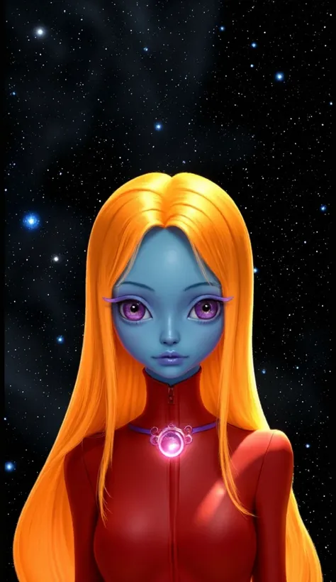 a young and beautiful Arcturian alien, keep blue skin as in the reference, straight hair, long hair, blonde hair, big brown eyes, small mouth, small nose, no ears, violet colored clothing, clothing without zippers, cinematics