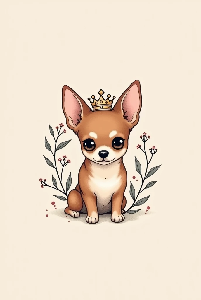  Drawing of a chihuahua dog with brown and white fur, wearing a princess crown and brown eyes ,  for a minimalist tattoo with flowers in the background