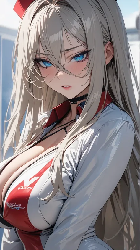 masterpiece , modern, Verism, masterpiece, super detail, best quality, 4K ,((Adult face)), woman,Wearing a white coat,Mature woman アメスク Rubia ojos azules 
Cabello azul, Plano americano, Cabello largo, Senos grandes, Ojos azules,race_queen Sexy Nurse 