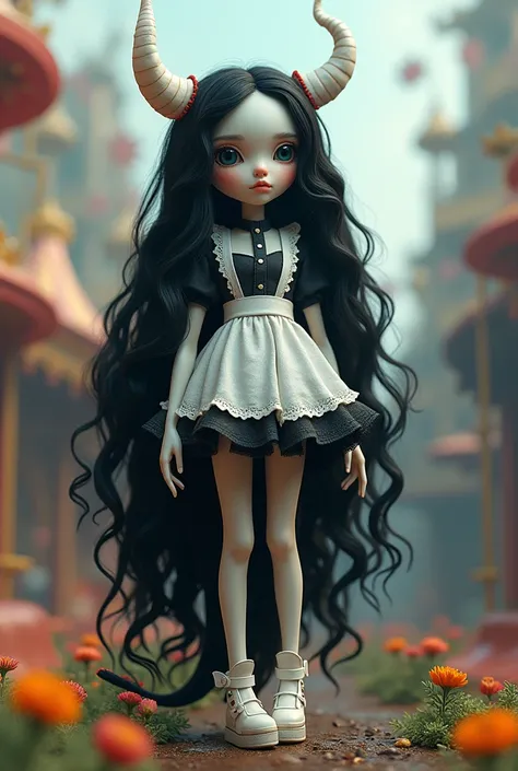  A cloth doll literally, with long black wavy hair , digital face without a nose , with a maid costume,  with a long tail and white dragon horns, with the same art as the amazing digital circus,  as a 3D video game.