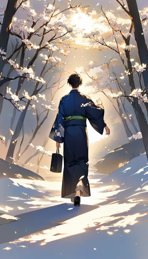 Character: male, 25 years old, wearing kimono, walking toward light, looking back toward us while walking toward the back, hand held out toward us, composition, handsome, full body
