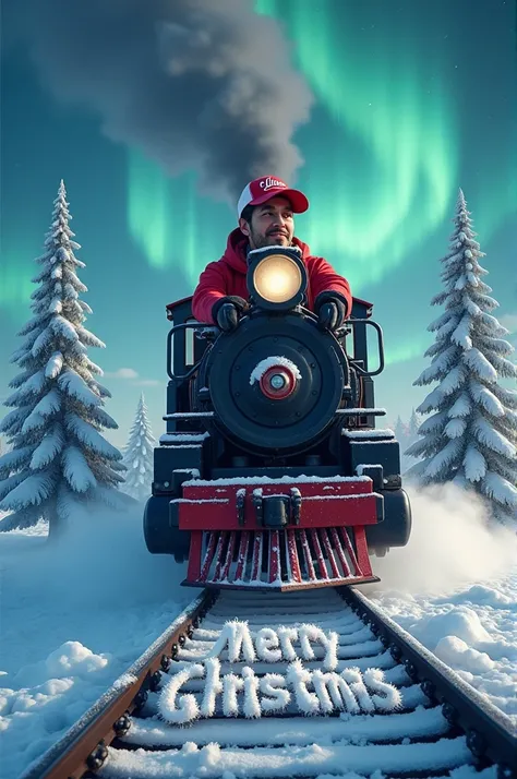  He creates a Latin physical education teacher ,  with a sports cap with the name DANIEL in front of the cap , This teacher is driving a steam train ,  that crosses the North Pole and the Northern Lights in the background ,  3 giant pine trees full of snow...