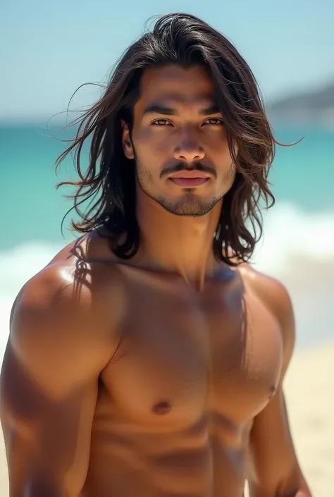  handsome asian hyspanic Man, long hair, model, muscular, on a Beach, hyper realistic, beautiful, High detailed, 8k