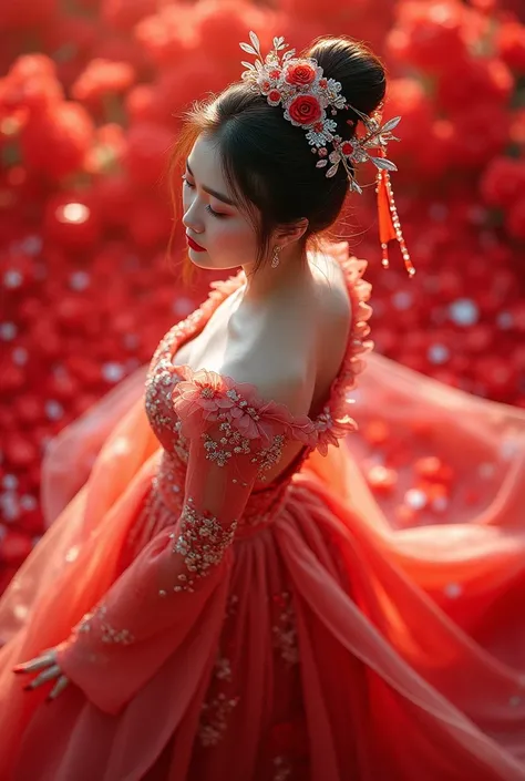 A girl koeran Extreme Wide Shot,aerial perspective,top-down view,grand scale,central subject,woman in hanfu bridal gown,hanfu petals are covered around,intricate crystal floral patterns,ethereal red Color flower sea backdrop,dreamlike ambiance,vibrant red ...