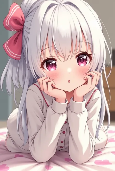 masterpiece,  top quality,  more,  illustrations,  Beautiful Detailed Eyes ,  close,  girl. That white hair ,  pink ribbon,  white pajamas.  Im crouching on the ground and wandering around in my clothes basket