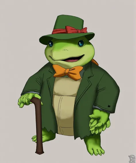 a turtle dressed in a green hat and a green coat holding a cane, concept art inspired by Herb Aach  ,  deviantart contest winner , Digital Art, as an  anthropomorphic turtle , anthropomorphic lizard ,  anthropomorphic turtle , an  anthropomorphic turtle , ...