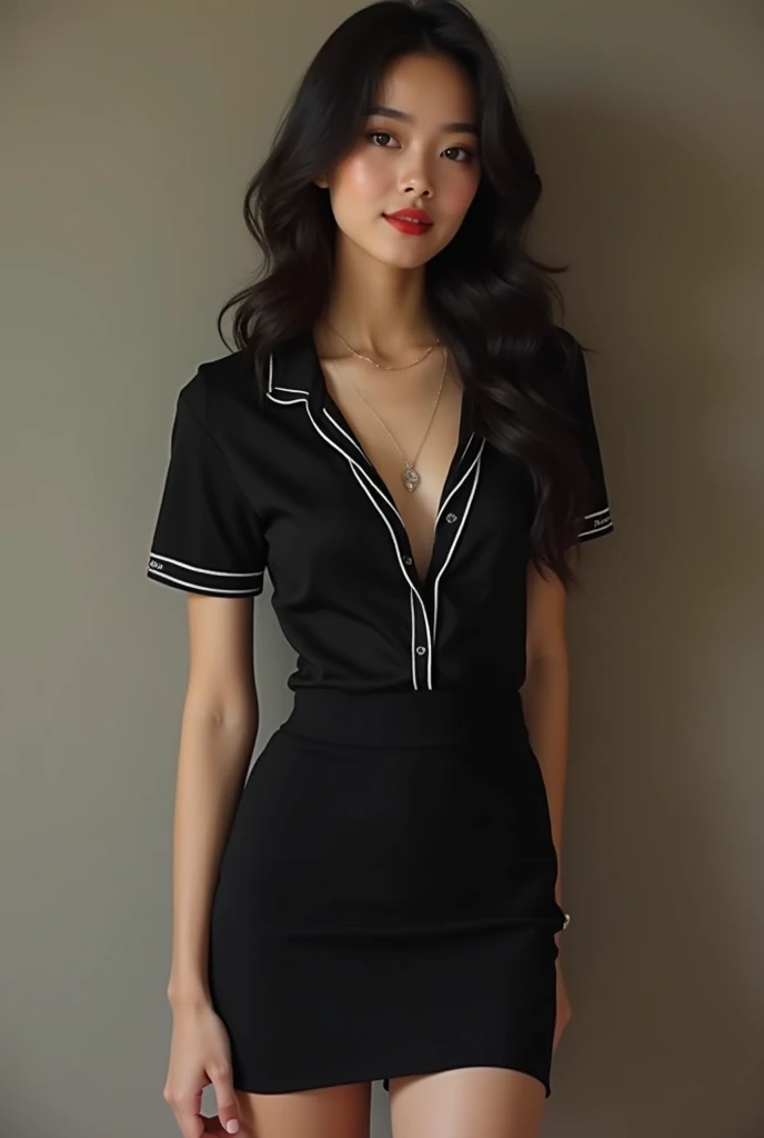  photo of a girl wearing a short tight black skirt and a black v-neck polo with white edges without buttons 