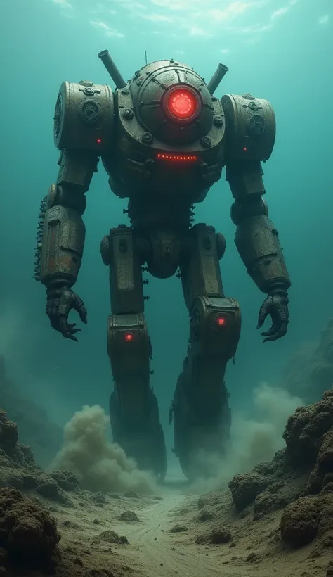 Imagine a massive, mechanical titan with glowing red lights and spinning gears embedded in its metallic body walking slowly along the ocean floor. Each step sends clouds of sand and debris swirling into the water. The titan’s glowing eyes pierce the darkne...