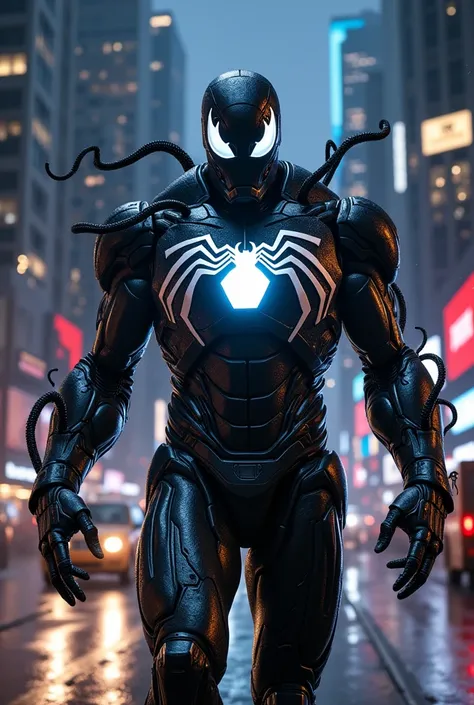 Ultra-realistic high-definition image of Iron Man having his armor fully possessed by the black tentacles and slime of the Venom Symbiote, making the armor all black with the white spider on his chest, creating a Venom-like hybrid in the middle of the stre...