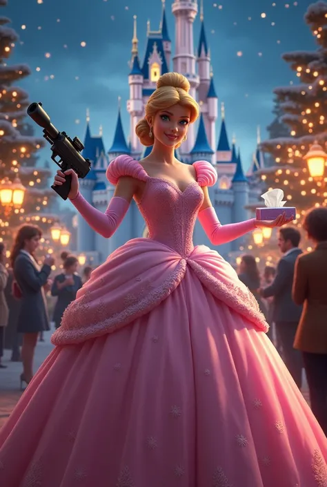 A picture of Cinderella in a pink dress enjoying a Christmas party in front of Cinderella Castle holding a submachine gun and a tissue box in one hand