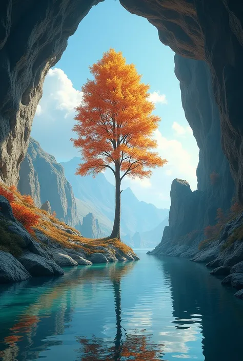 The image is a beautiful landscape of a cave with a tree in the center. The cave is made of large rocks and boulders, and the water is a deep blue-green color. The tree is a tall, slender tree with colorful leaves in shades of orange, yellow, and red. The ...