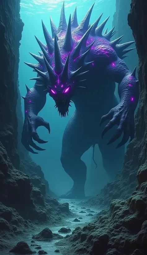 Imagine a horrifying, spiked titan with glowing purple cracks across its jagged, coral-encrusted body crawling out of a deep ocean trench. Its massive claws dig into the rocky walls of the trench, sending chunks of stone and debris tumbling into the dark w...