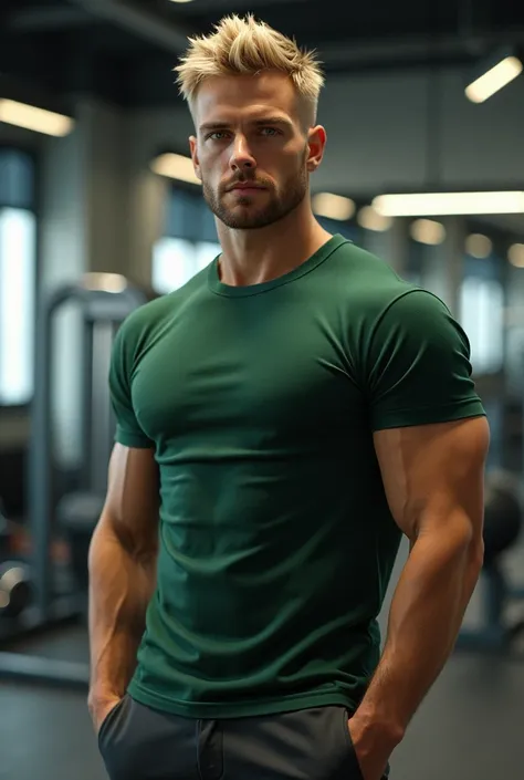 man with short blonde hair, has an athletic body, as a bodyguard, wearing a green t-shirt, trousers, standing in the gym, dashingly