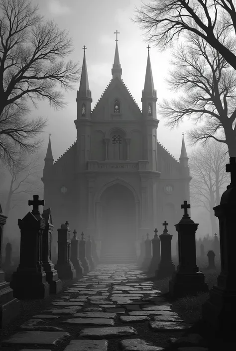 CREATE ME A BLACK AND WHITE IMAGE OF A SEMINARY WITH SEVERAL TOMBS A