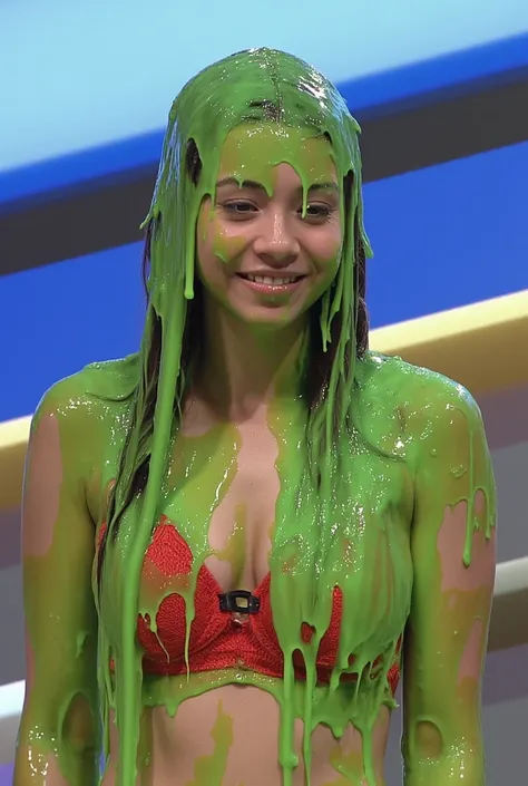 Armateur photograph of woman covered in green slime. Photorealistic. Armateur photography. Glistening liquid. Green slime. Slime. Dripping green goo. Raw photo. Wearing red lace bra. Cleavage. Gameshow. Custard. Slight over exposure. Flash photography. Det...