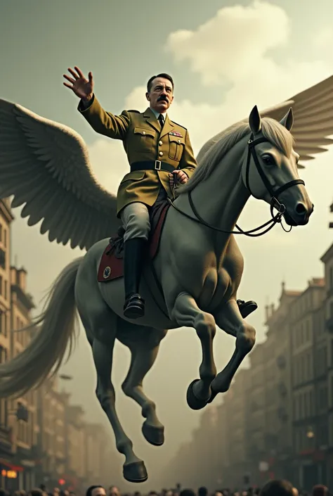  CREATE an image of Adolf Hitler in his khaki uniform with his wingless flying horse, flying over the population of a city . Welcoming everyone with his arm outstretched .