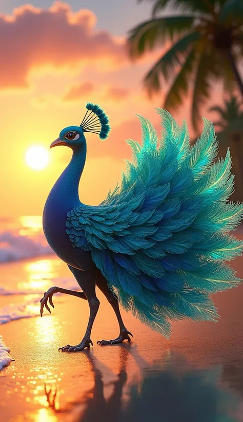 A flamboyant and colorful peacock-like Pokémon with a dancer’s grace. Its vibrant feathers in shades of blue, green, and orange are spread out beautifully as it performs. The background is a tropical beach with a glowing sunset.