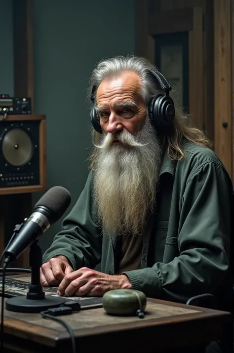 Old man with long beard long hair broadcasting 