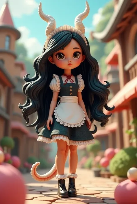  A cloth doll literally, with long black wavy hair , animated face, with a maid costume,  with a long tail and white dragon horns, 3d video game style for s, not so realistic