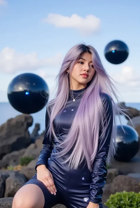 Hiperrealistic,  woman with a very beautiful face , realistic,  Maximum detail, rostro muy realistic, long white hair mixed with purple that moves with the wind , real skin,  perfect body ,  wears a latex suit with white sparks ,  landscape with semitransp...