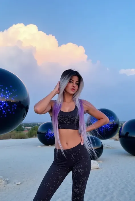 Hiperrealistic,  woman with a very beautiful face , realistic,  Maximum detail, rostro muy realistic, long white hair mixed with purple that moves with the wind , real skin,  perfect body ,  wears a latex suit with white sparks ,  landscape with semitransp...