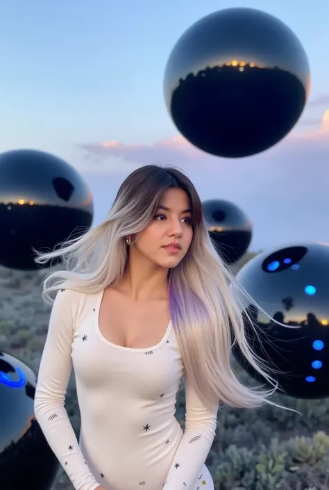 Hiperrealistic,  woman with a very beautiful face , realistic,  Maximum detail, rostro muy realistic, long white hair mixed with purple that moves with the wind , real skin,  perfect body ,  wears a latex suit with white sparks ,  landscape with semitransp...