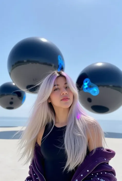 Hiperrealistic,  woman with a very beautiful face , realistic,  Maximum detail, rostro muy realistic, long white hair mixed with purple that moves with the wind , real skin,  perfect body ,  wears a latex suit with white sparks ,  landscape with semitransp...