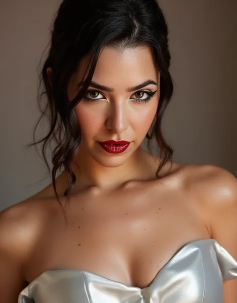 cute portrait of woman on her wedding day, latex wedding dress, red lip gloss, thick eyeliner flicks, latex outfit, latex, shiny, eye contact, full lips, lip fillers, dark red lip gloss, shiny lips, 