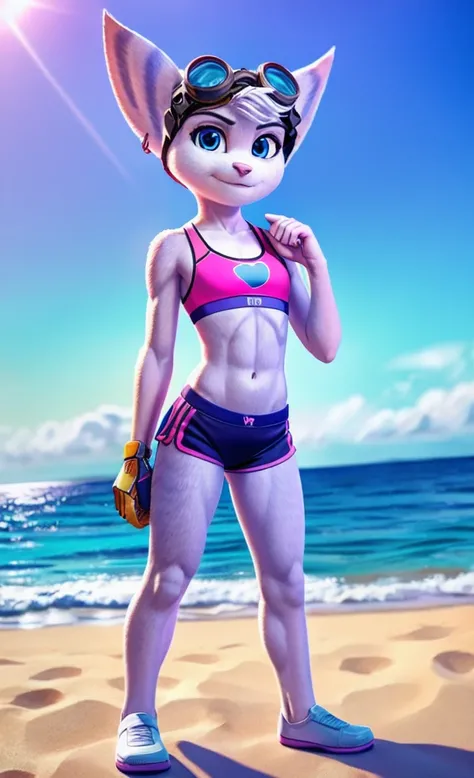 Rivet, tail, furry girl, 1girl, solo, young, pink sport shorts, pink sport bra, ocean background, standing, detailed body fur, detailed body, detailed eyes, detailed face, athletic, skinny, high quality, masterpiece, goggles, looking at you, full body, six...