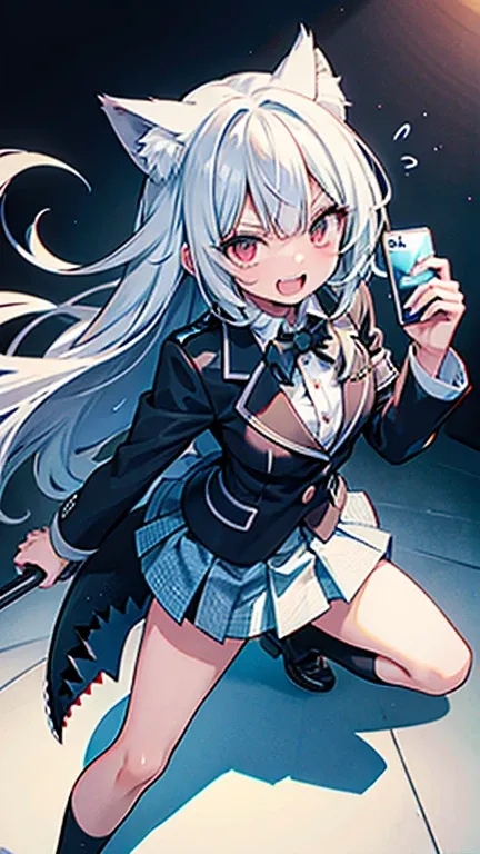 shark girl,long hair down to the waist, eyes are in shadow, holding a smartphone in front of the face,she is stepping on a male students head with her right foot, wearing a blazer-type uniform, long skirt, jagged teeth. Illustrations of jagged teeth have b...