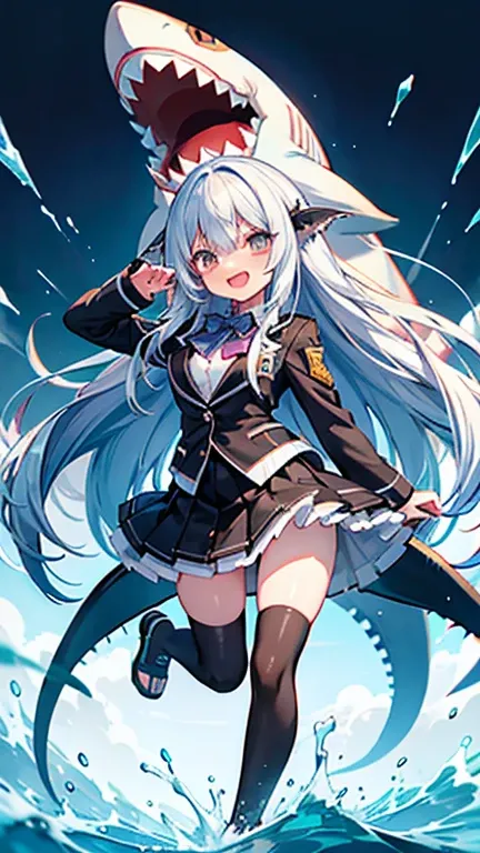 shark girl,long hair down to the waist, eyes are in shadow, holding a smartphone in front of the face,she is stepping on a male students head with her right foot, wearing a blazer-type uniform, long skirt, jagged teeth. Illustrations of jagged teeth have b...