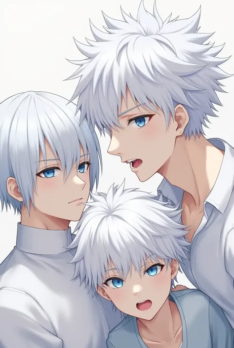 anime male, 3 white hair s, one with light blue eyes, pale skin, straight hair emotionless, the other with light blue eyes, pale skin, curly hair, annoyed, the other with light blue eyes, pale skin, spiky hair, exited