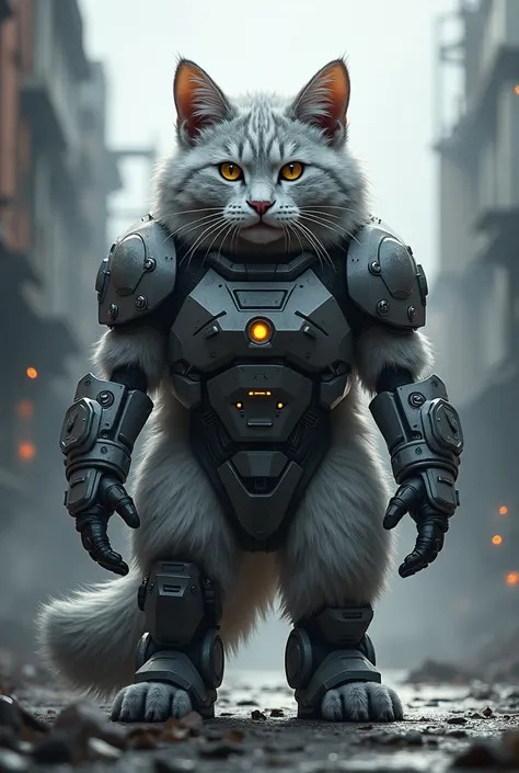 Un gros chat gris et blanc, fusionné à un chat Dassault