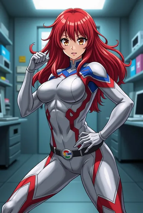   My Hero Academia Style ,   anime girl  , woman, young woman ,  full body shot ,( Fighting Stance :1.3), long hair, Red Hair,   Brown Eyes , hero suit, Full Body Suit, silver suit with red and blue details,  Perfect Anatomy  ,  enhanced abs , super detail...