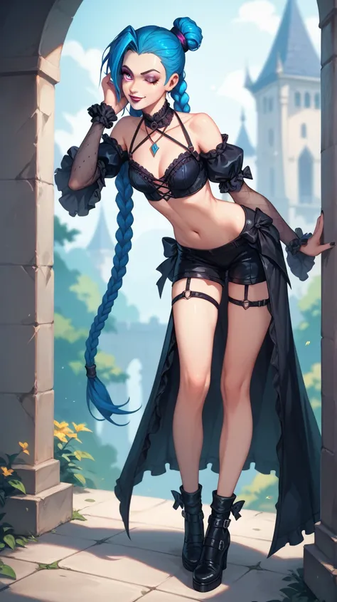 ( masterpiece ,  best quality ), Personagem Jinx de League of Legends,, pretty girl, standing,  leaning forward , he finished, blinking, ( beautiful and detailed eyes )  black underwear, full body shot, visible navel, gothic
